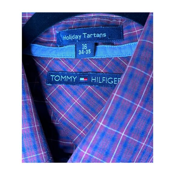 Tommy Hilfiger Holiday Tartan Button Down Mens Size 16 34-35 Red Blue Plaid - Picture 6 of 8